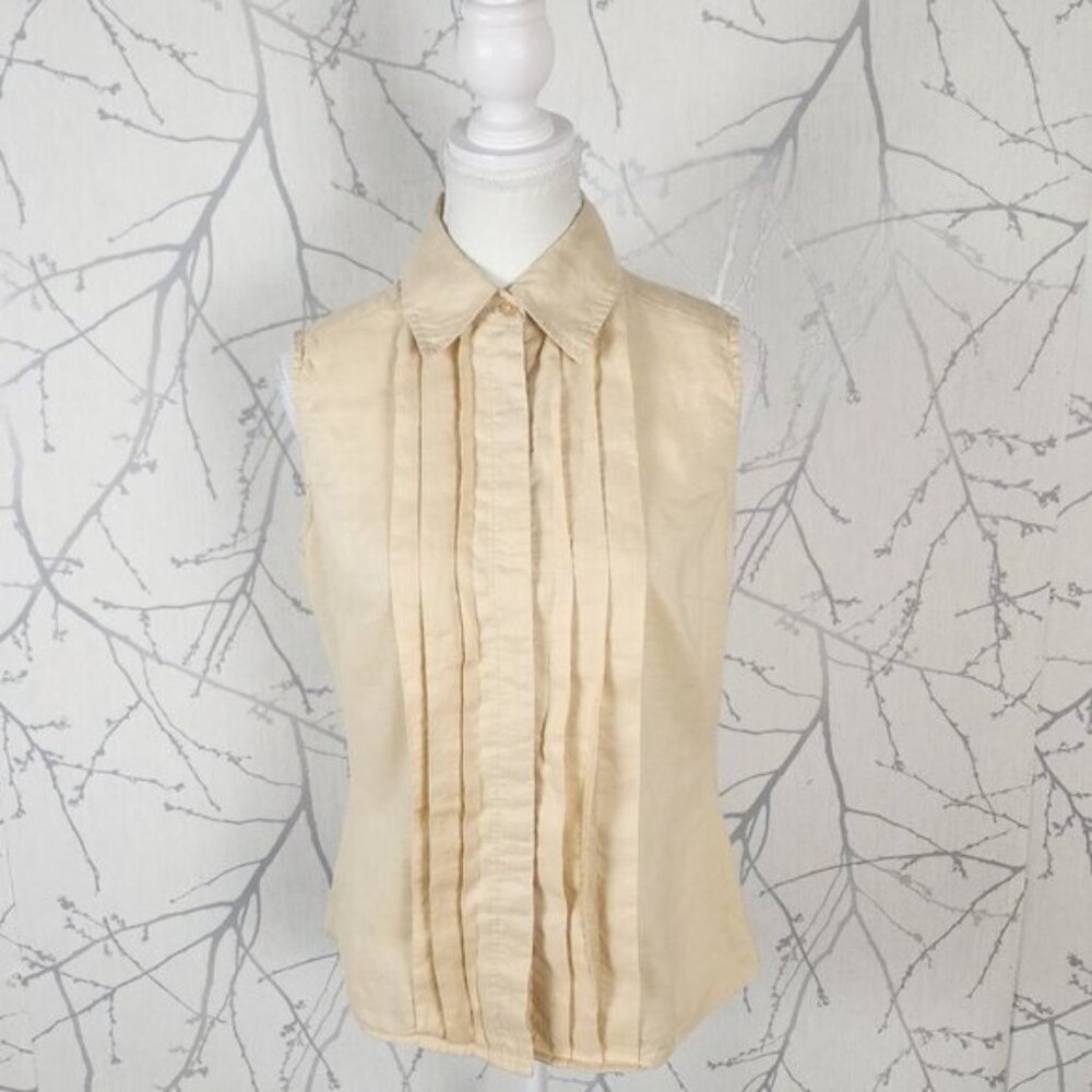 Puli Pale Yellow 100% Linen Pleated Button Up Collared Tank